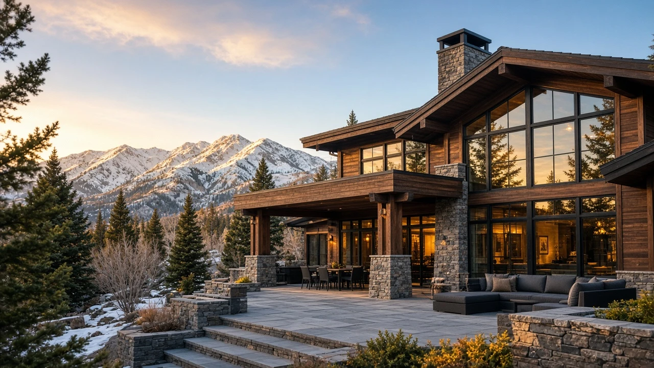Elegant Park City mountain home exterior with snow-dusted peaks in the background